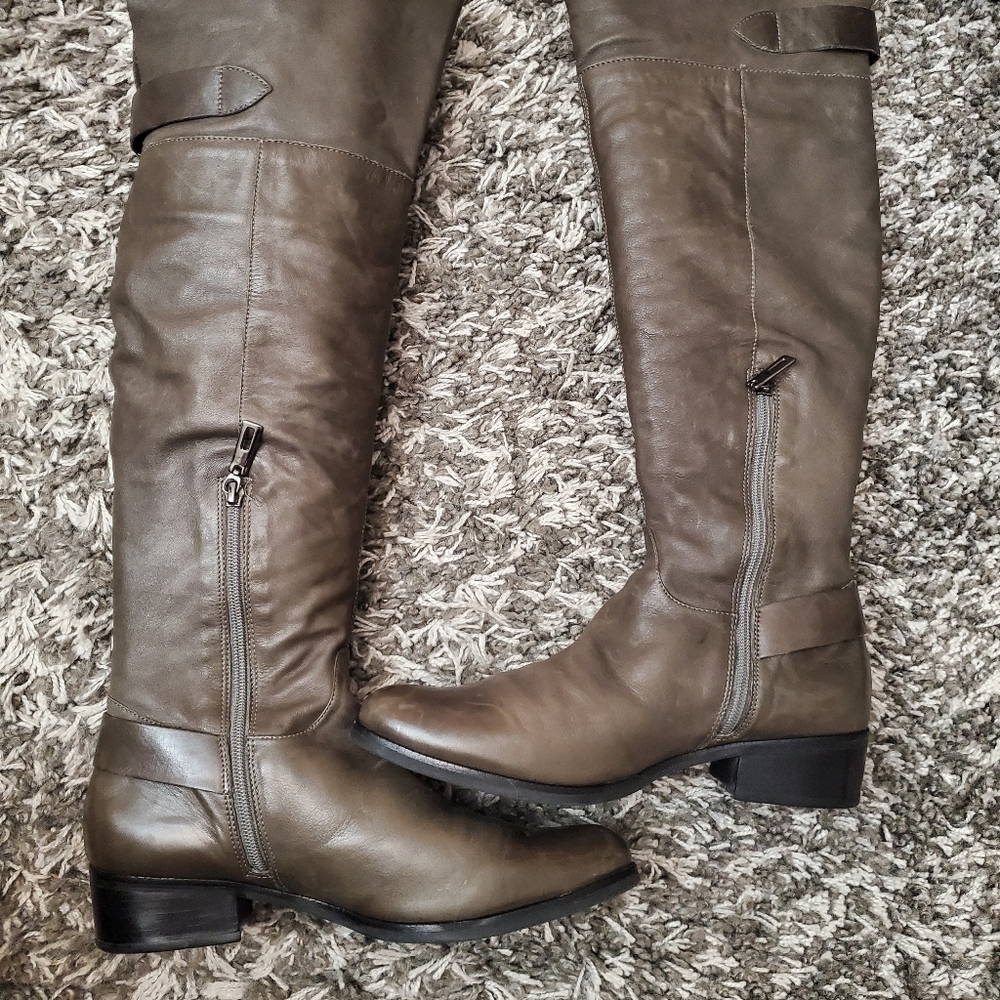 Schutz Riding Boots Strap Buckle Boots Leather Knee High Boots Sz 9 Dark Gray